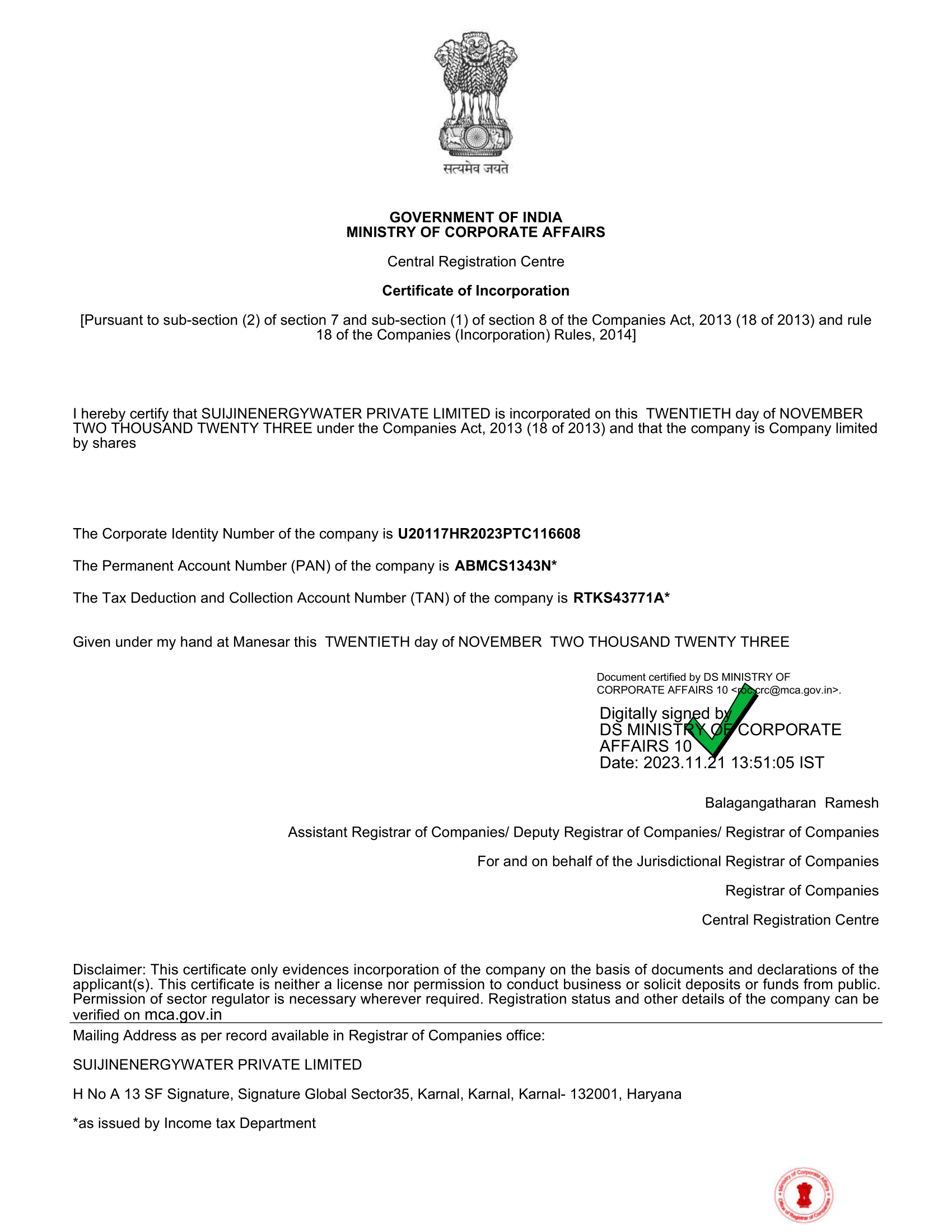 Incorporation Certificate